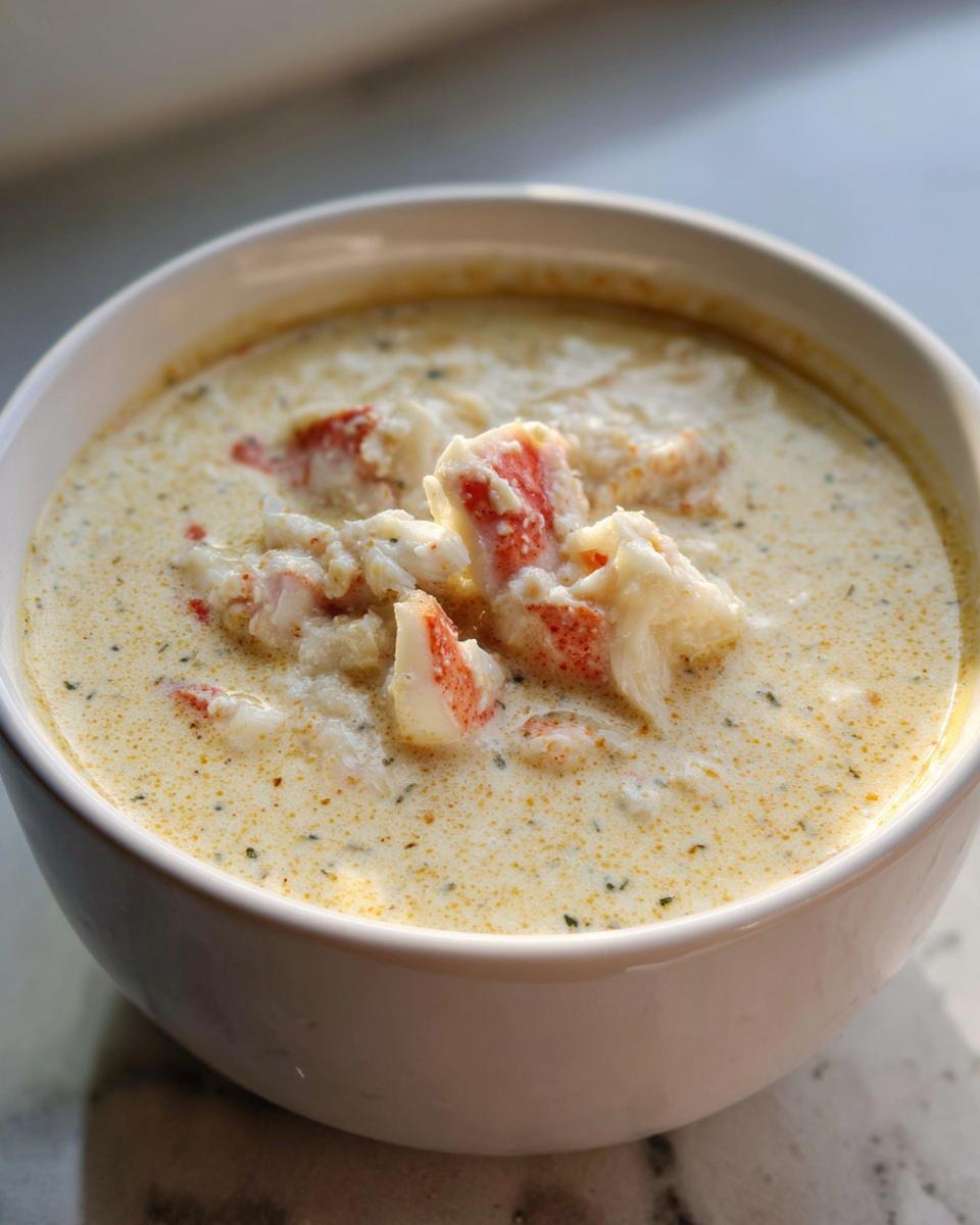 Close-up of a white bowl filled with creamy she crab soup, topped with chunks of crab meat.