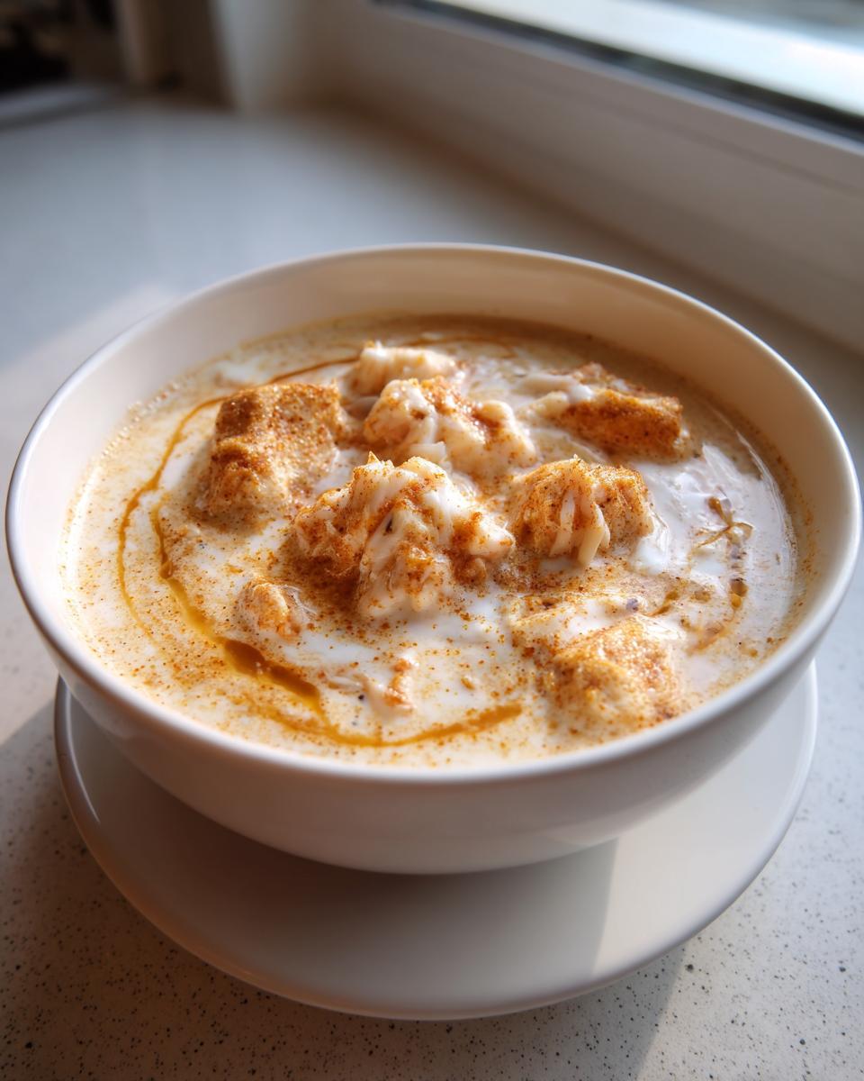 Close-up of a creamy bowl of she crab soup topped with generous lumps of crab meat and sprinkled with paprika.