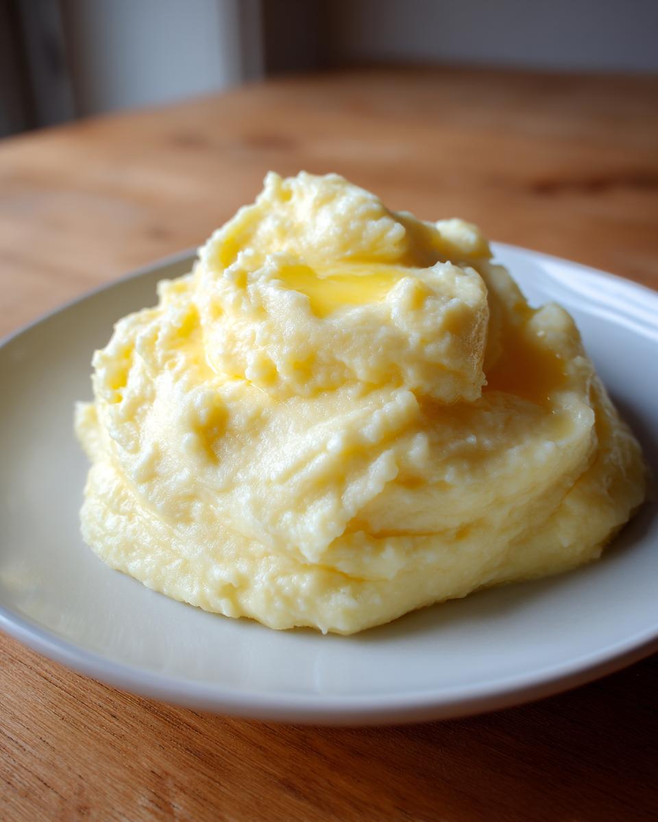 A generous serving of creamy slow cooker mashed potatoes topped with melting butter on a white plate.
