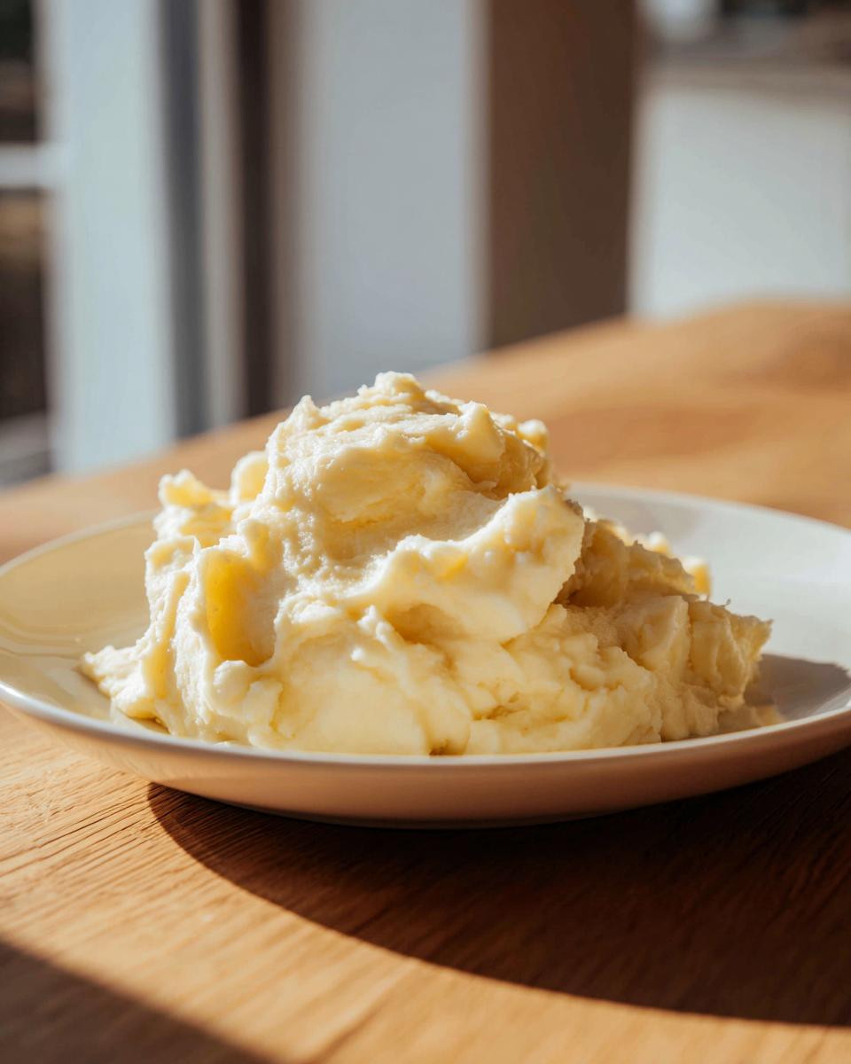 A generous serving of fluffy, creamy slow cooker mashed potatoes piled high on a white plate.