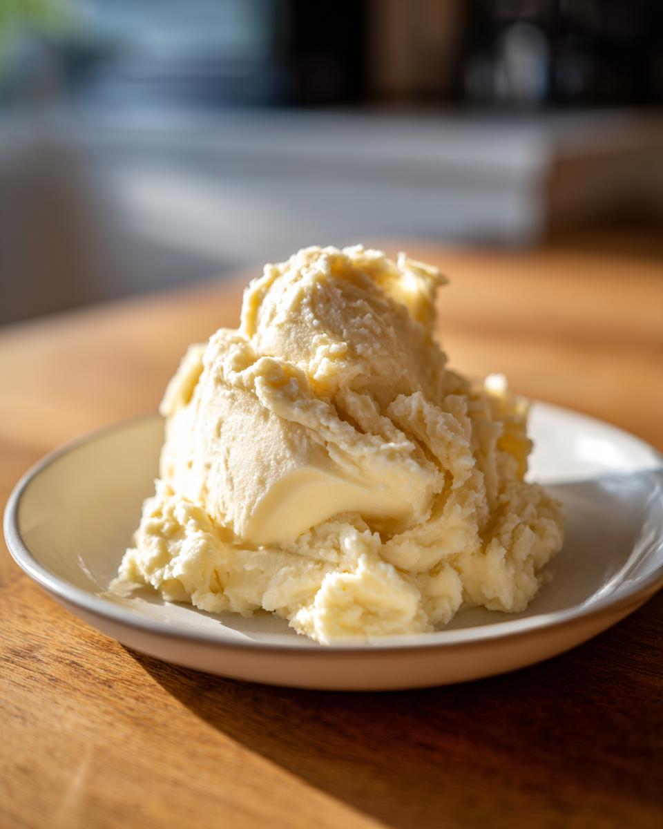 A generous scoop of creamy slow cooker mashed potatoes served on a small white plate.