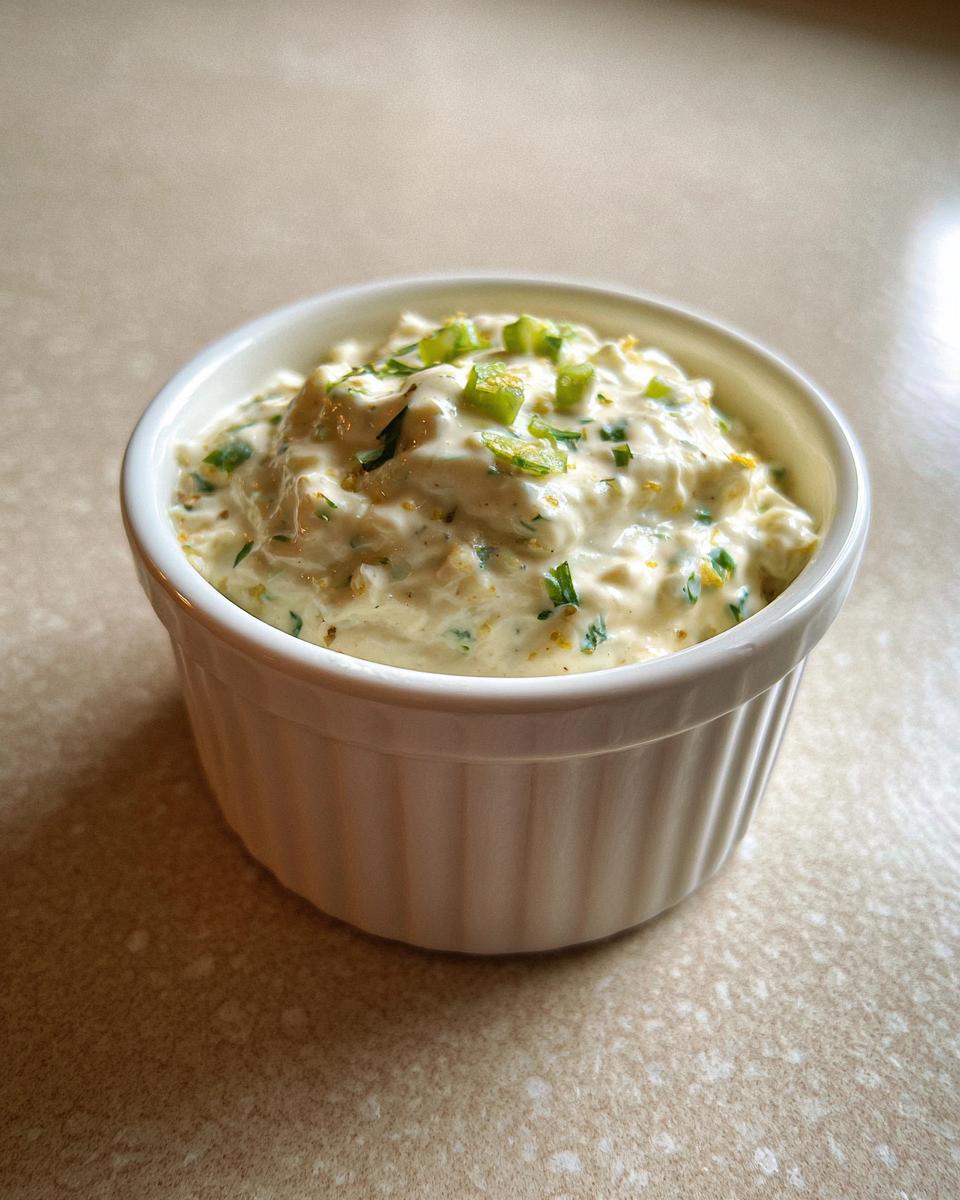 A close-up of creamy homemade tartar sauce recipe garnished with chopped green onions and herbs in a white ramekin.