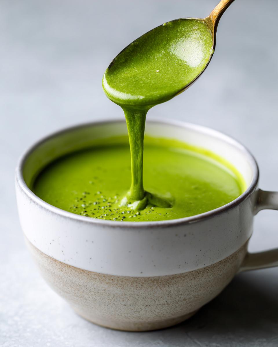 Close-up of thick, vibrant green zucchini soup being drizzled from a spoon into a speckled ceramic mug.