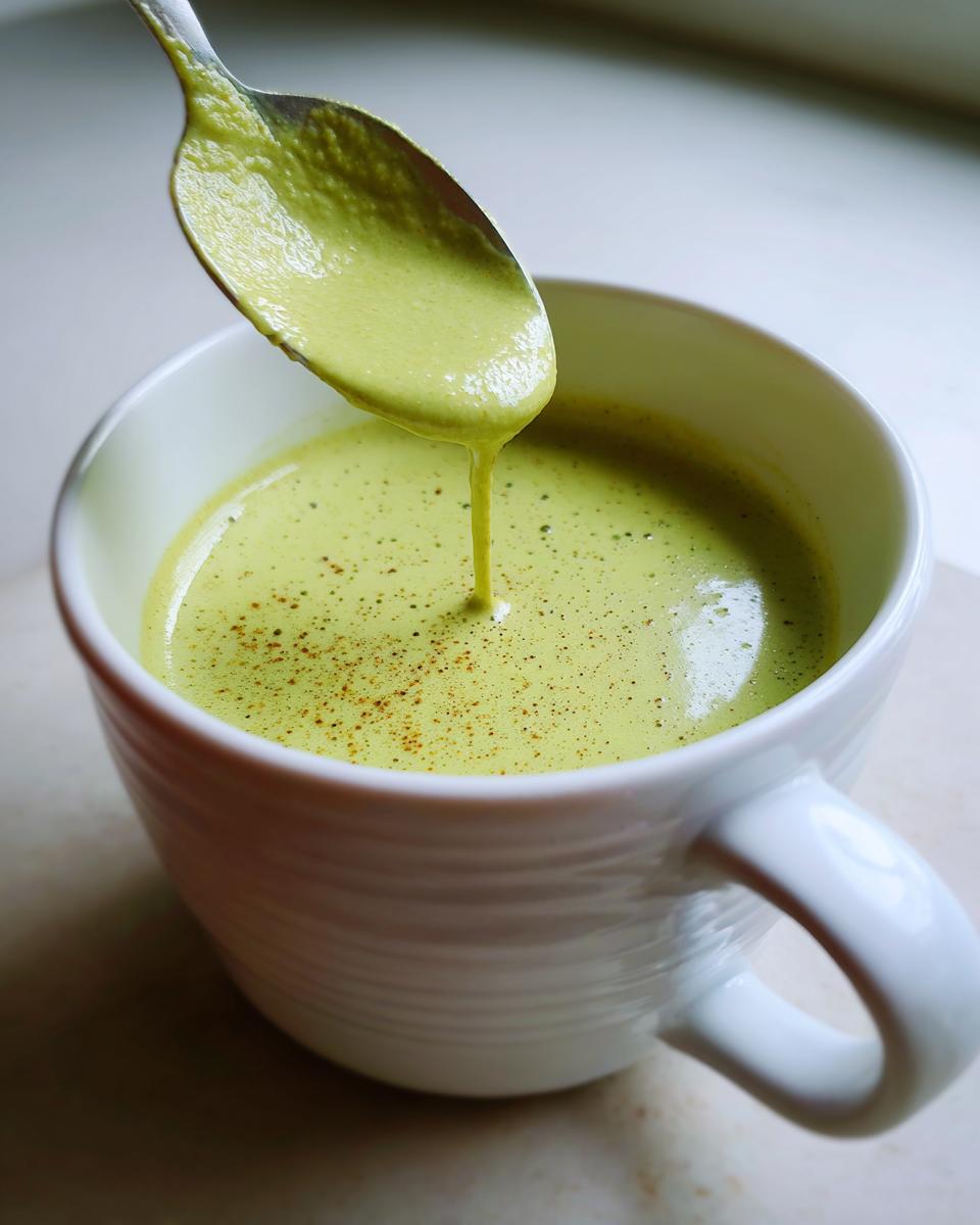 Close-up of creamy, light green zucchini soup being drizzled from a spoon into a white mug, sprinkled with spices.