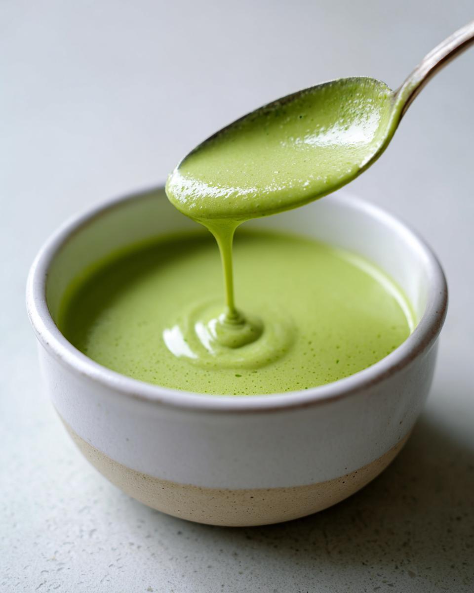 A spoonful of vibrant green, creamy zucchini soup being lifted from a white bowl.