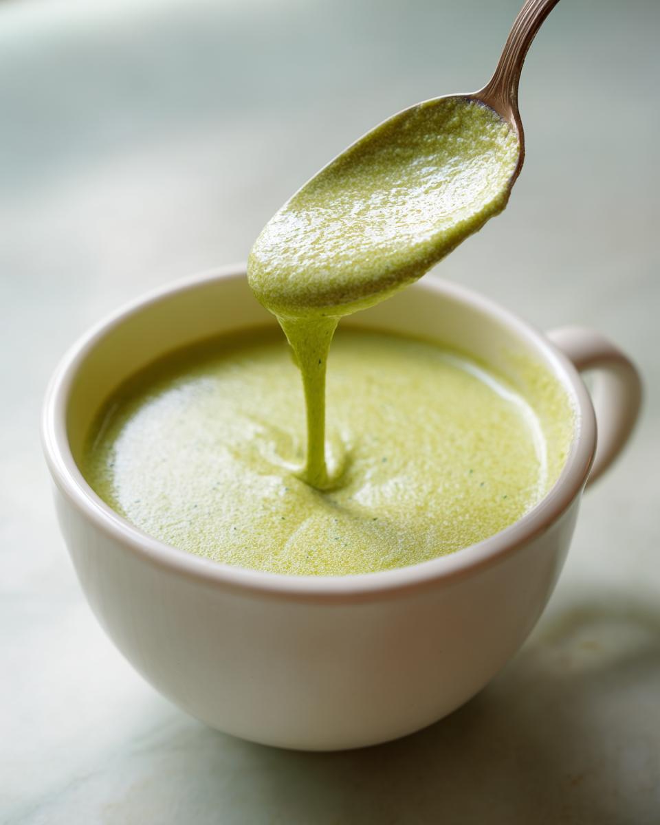 A spoon lifts thick, vibrant green zucchini soup from a white bowl, showing its creamy texture.