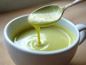 Close-up of creamy, pale green zucchini soup being drizzled back into a white mug from a spoon.