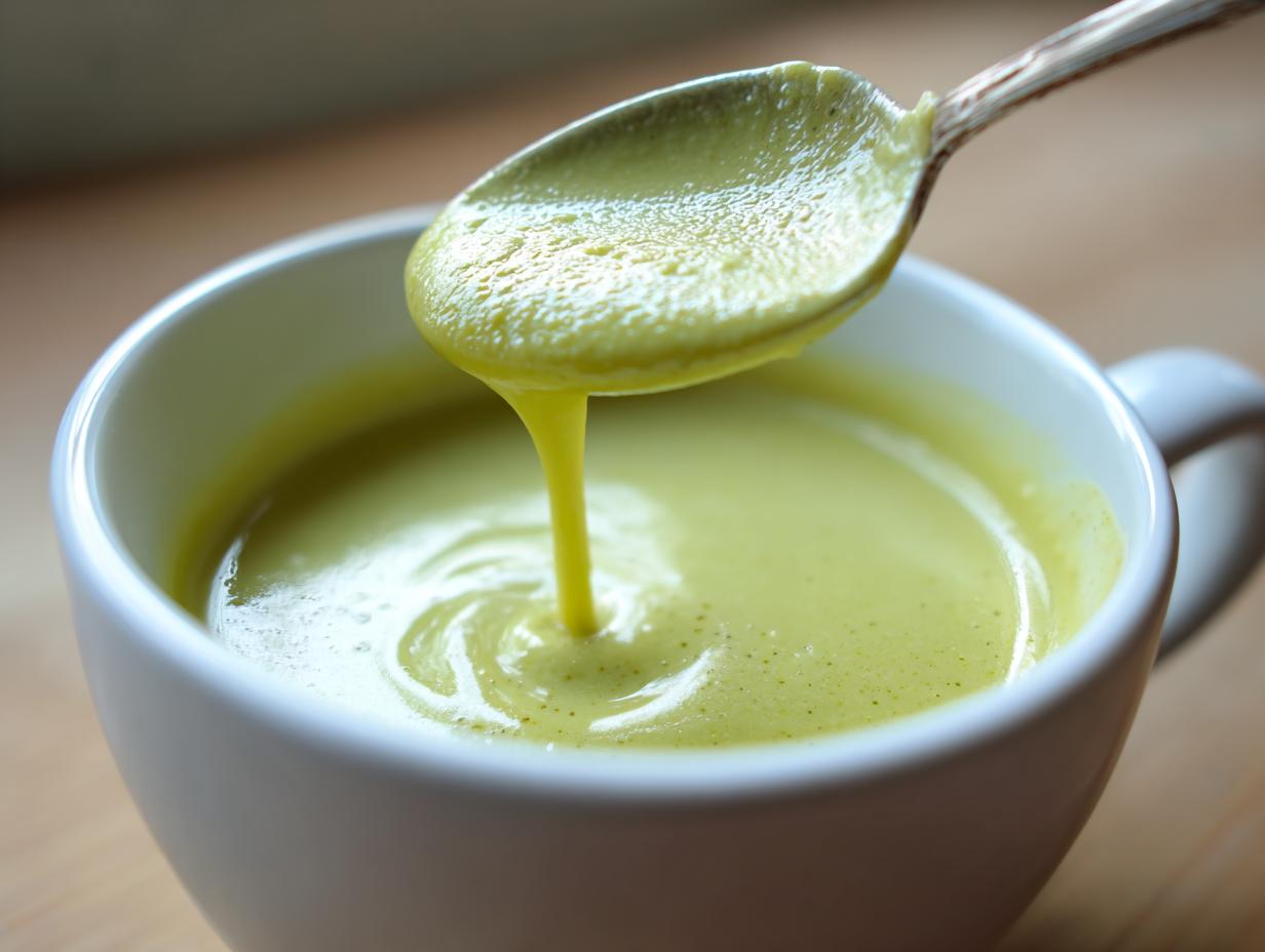 Close-up of creamy, pale green zucchini soup being drizzled back into a white mug from a spoon.
