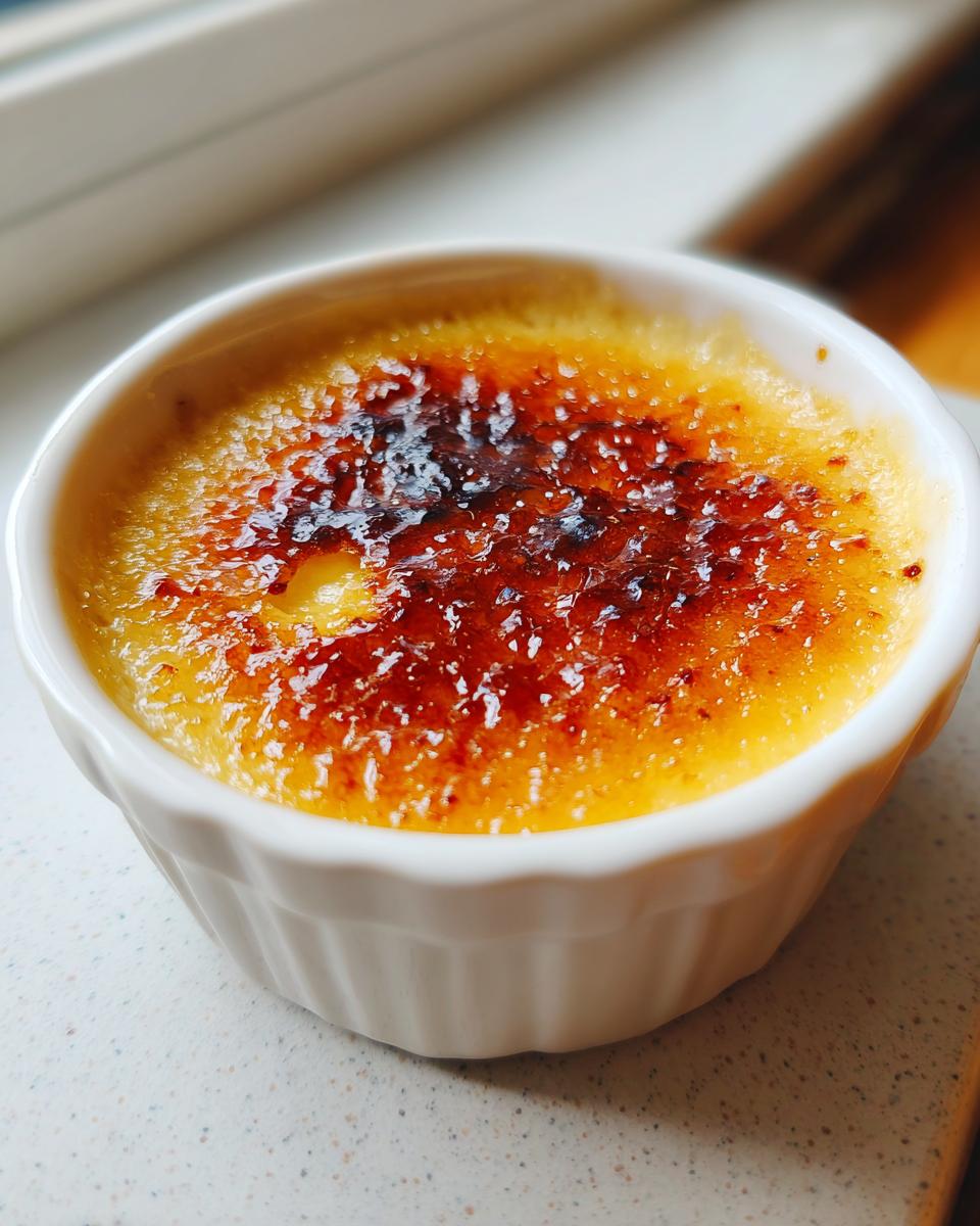 Close-up of a single serving of classic Creme Brulee with a deeply caramelized, crackling sugar crust.