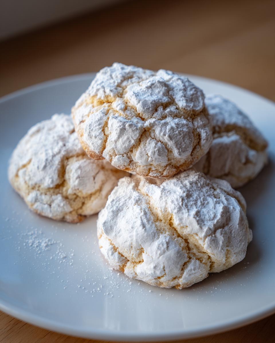 Four soft, crinkle-top cool whip cookies heavily dusted with powdered sugar sitting on a white plate.