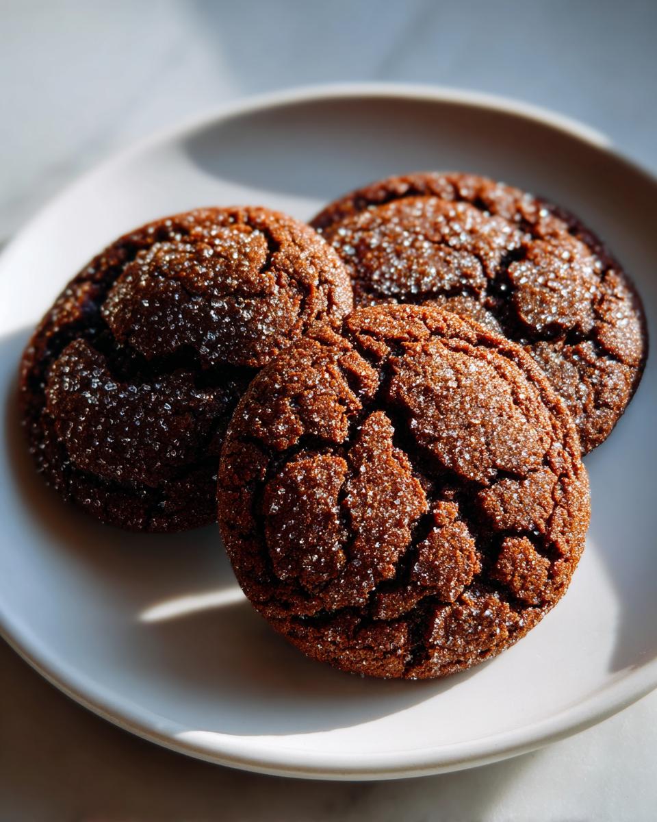 Three dark, crinkled ginger molasses cookies coated in sparkling sugar resting on a white plate.