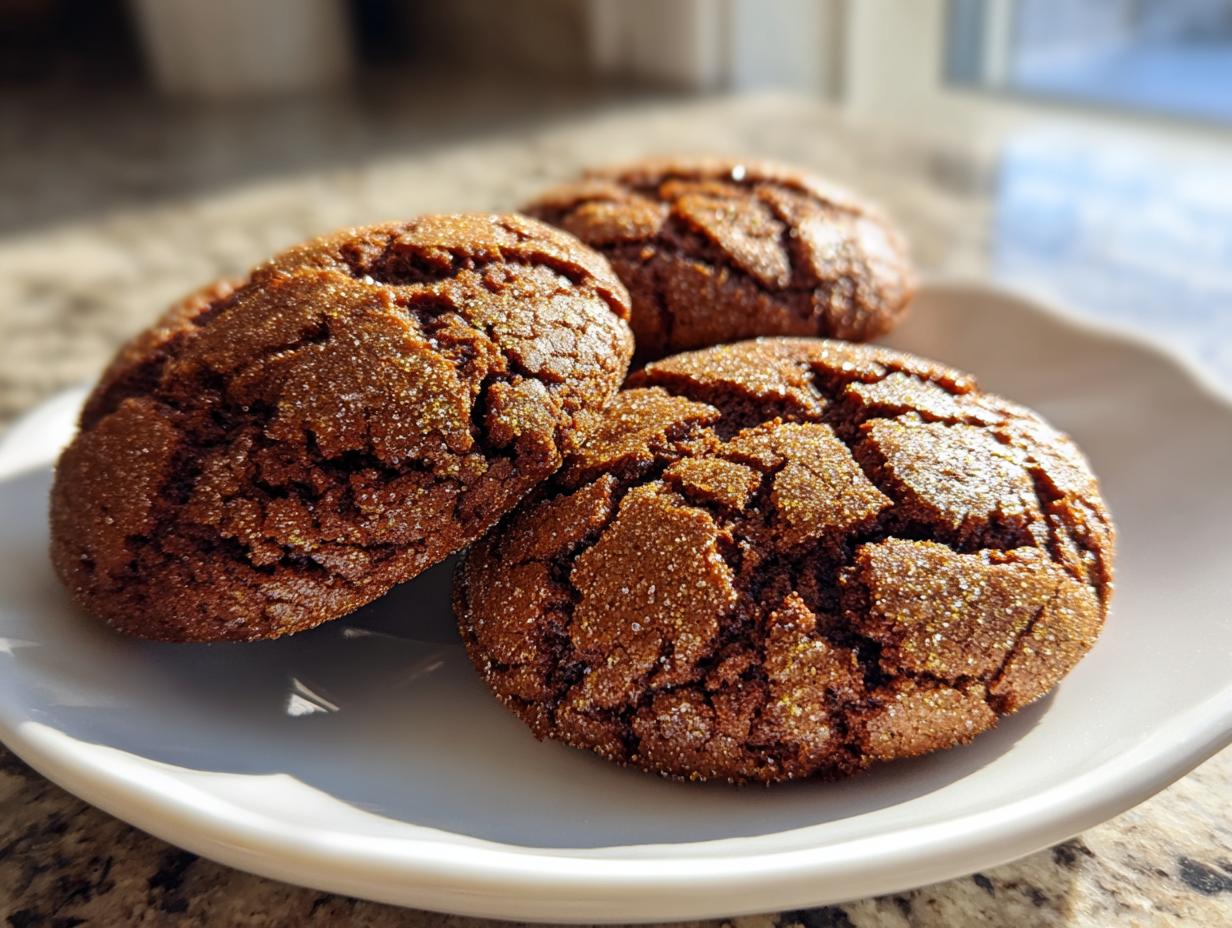 Three rich, dark brown ginger molasses cookies with cracked, sugary tops resting on a white plate.