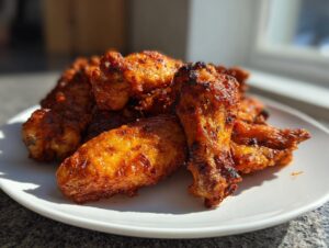 A close-up of several golden-brown, seasoned crispy air fryer chicken wings piled on a white plate.