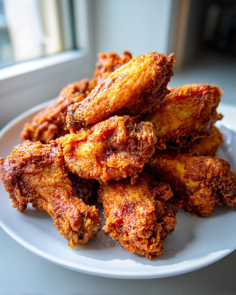 A tempting pile of golden-brown, crispy air fryer chicken wings stacked on a white plate near a window.