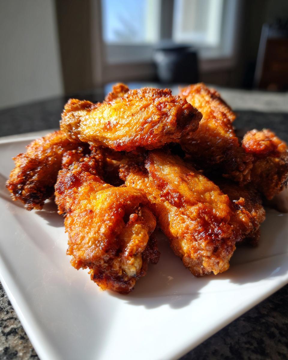 A close-up of a pile of golden brown, crispy air fryer chicken wings on a white plate.