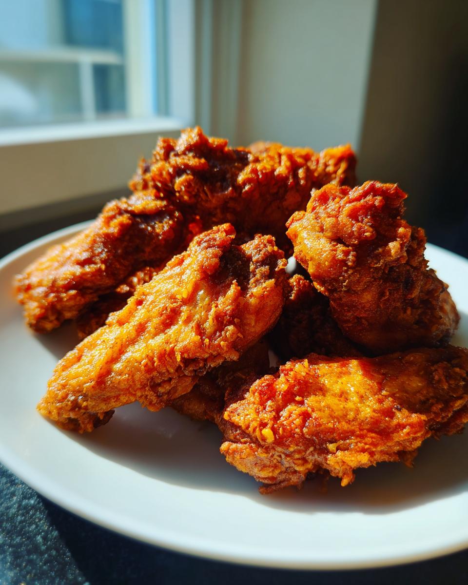 A close-up of several perfectly golden brown and crispy air fryer chicken wings piled on a white plate.