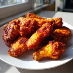 A pile of golden-brown, crispy air fryer chicken wings seasoned with paprika, served on a white plate near a window.
