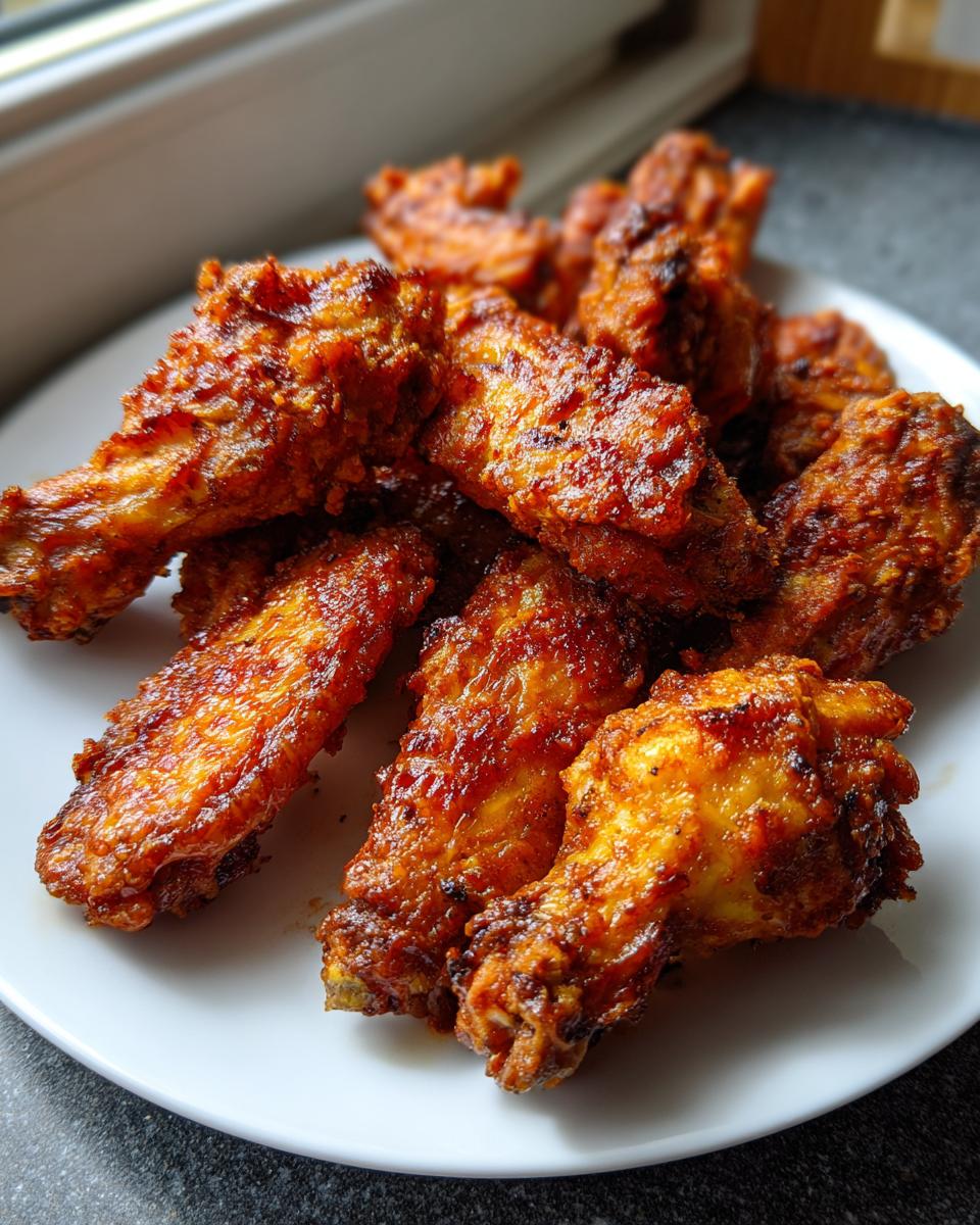 A close-up shot of several perfectly cooked, saucy, crispy air fryer chicken wings piled on a white plate.