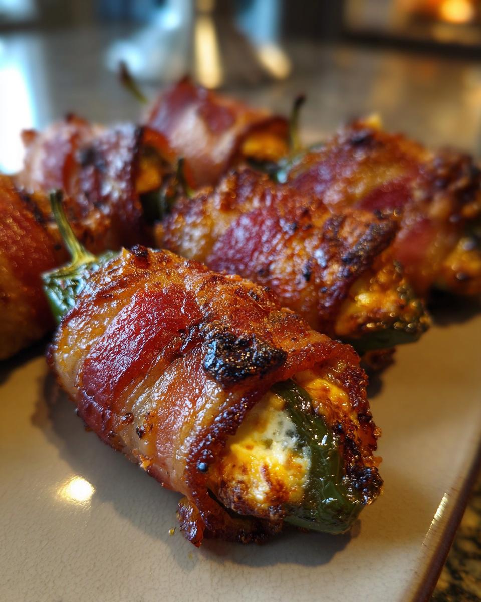 Close-up of several perfectly cooked Bacon-Wrapped Jalapeño Poppers with crispy bacon and visible cream cheese filling.