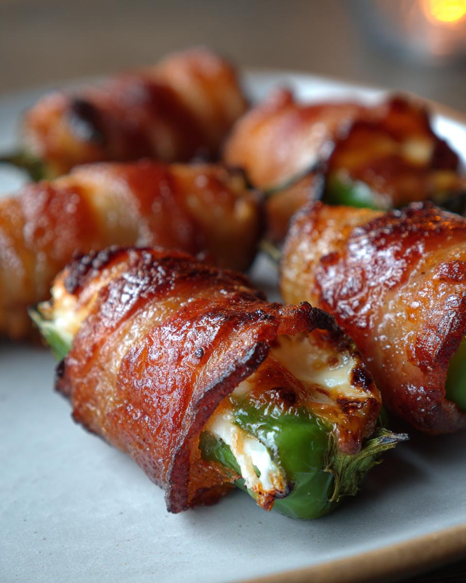Close-up of perfectly cooked Bacon-Wrapped Jalapeño Poppers with crispy bacon and melted cream cheese filling.