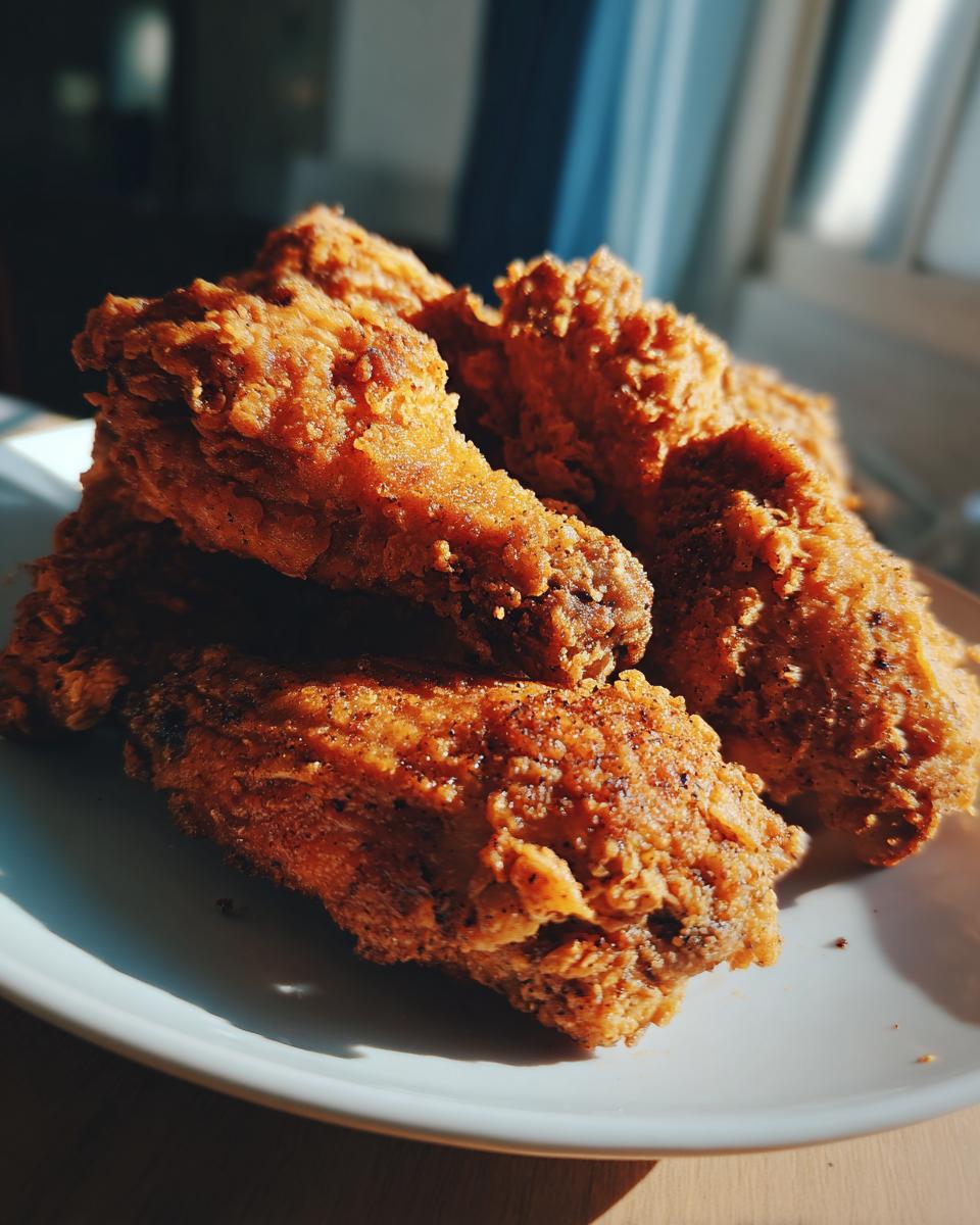 Close-up of several golden brown, crispy baked chicken wings piled on a white plate, highlighted by sunlight.