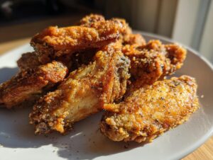 A close-up of several golden brown, seasoned, crispy baked chicken wings piled on a light gray plate.