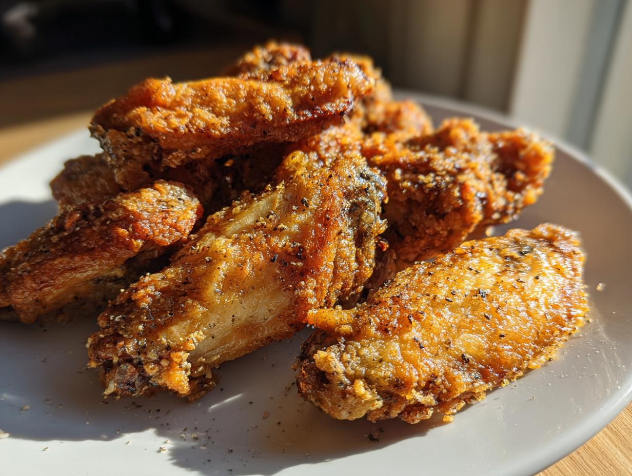 A close-up of several golden brown, seasoned, crispy baked chicken wings piled on a light gray plate.