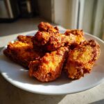 A plate piled high with golden brown, perfectly crispy baked chicken wings catching the sunlight.