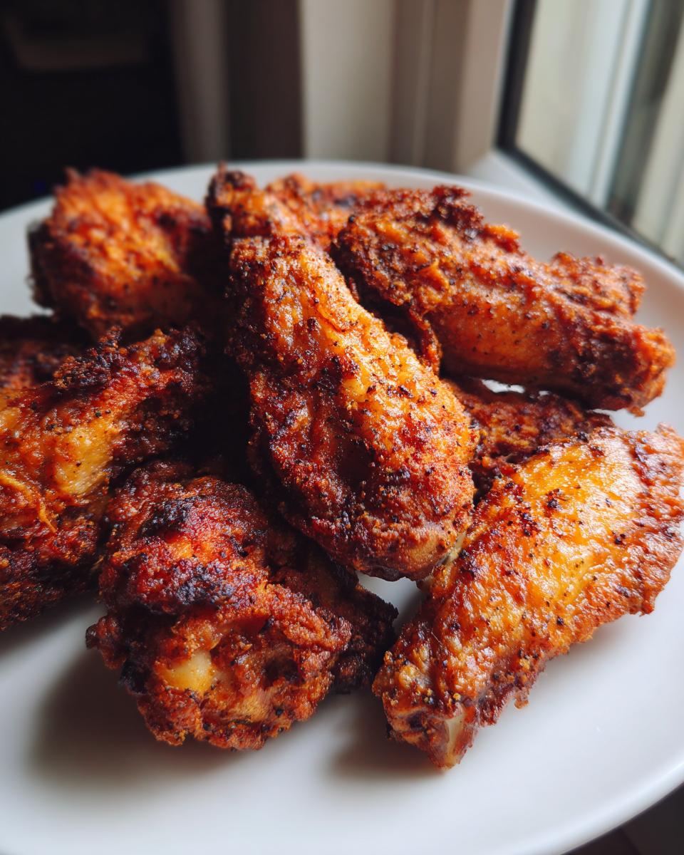 A close-up photo of several deeply browned, crispy baked chicken wings piled on a white plate.