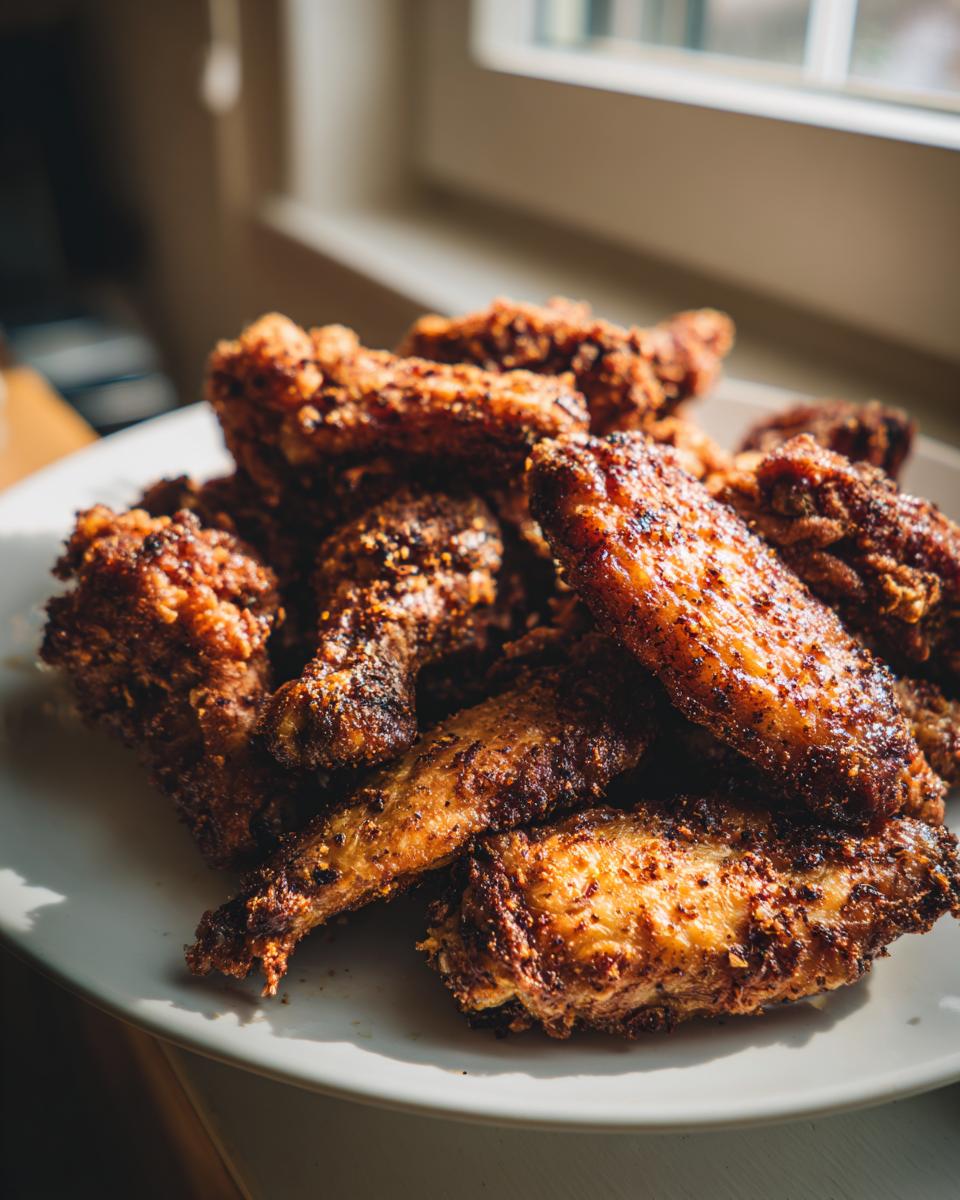 A close-up of a mound of perfectly seasoned and crispy baked chicken wings piled high on a white plate.