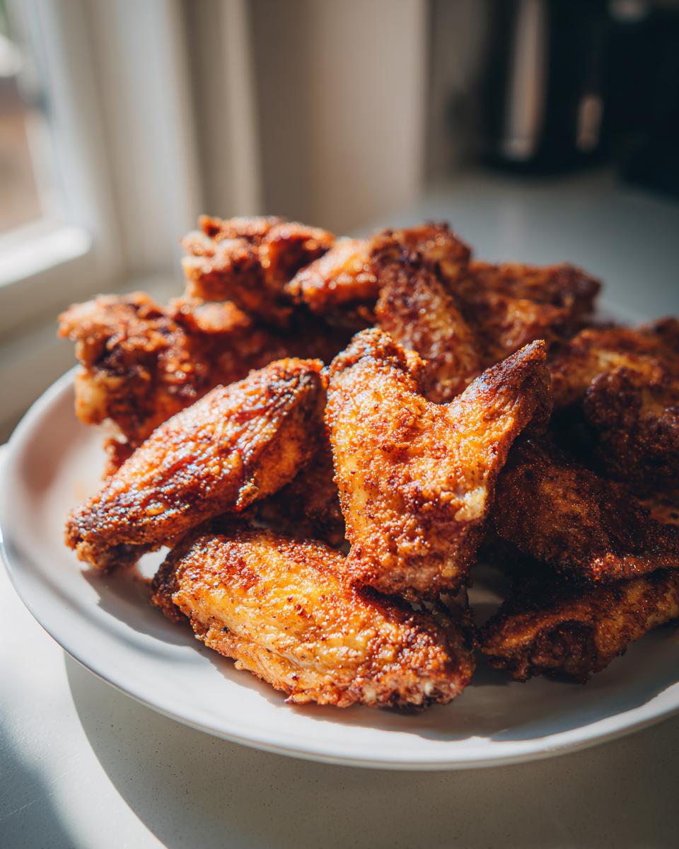 A pile of golden brown, perfectly seasoned crispy baked chicken wings resting on a white plate near a window.