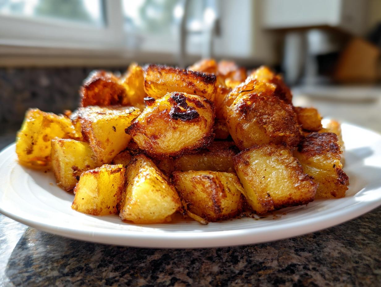 A close-up of perfectly golden and crispy roasted breakfast potatoes piled high on a white plate.