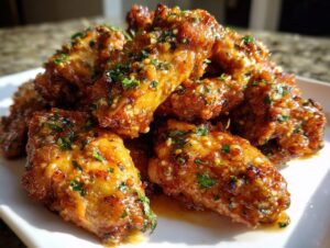 A close-up of crispy, glazed chicken wings tossed in a savory sauce and topped with fresh parsley.