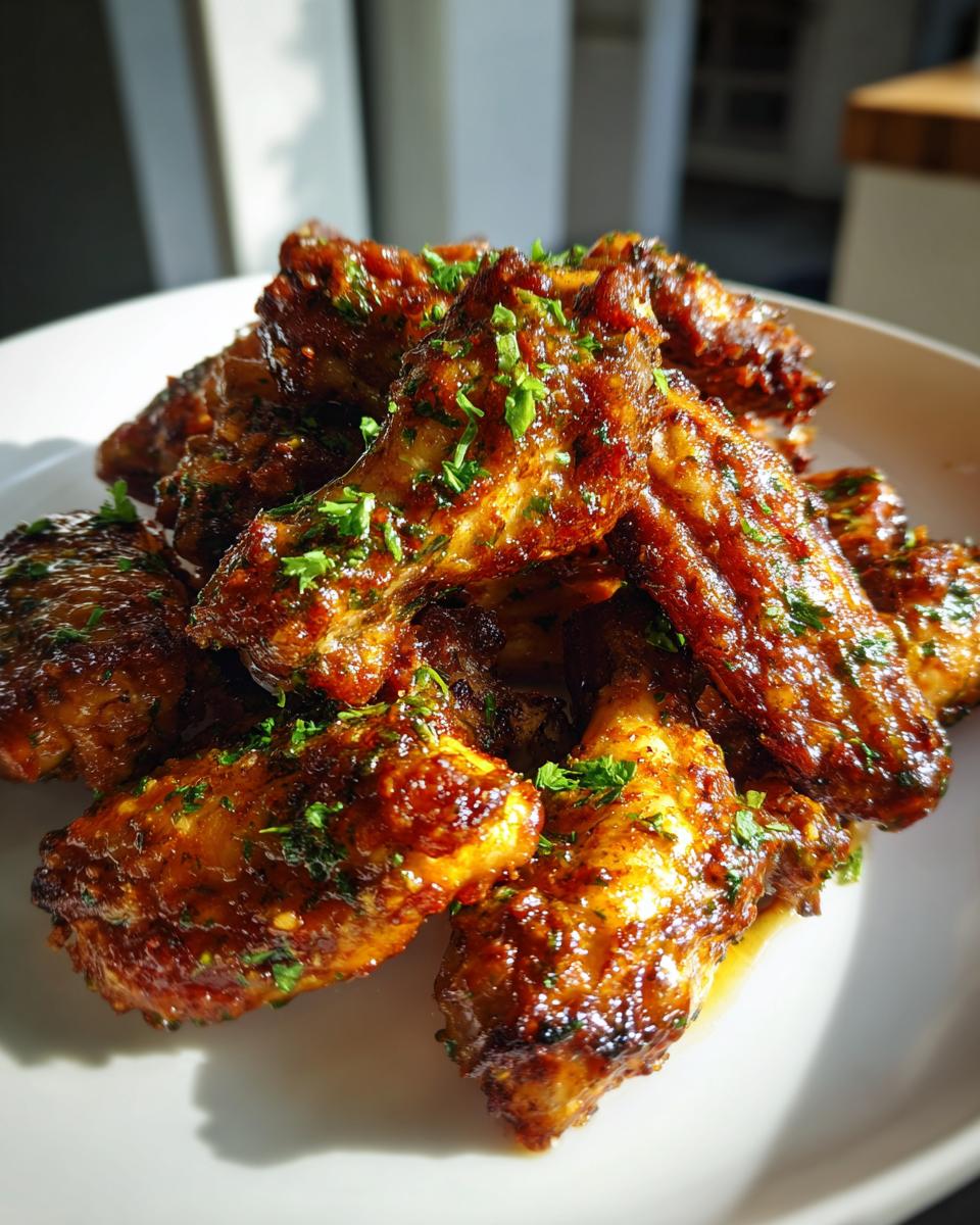 A close-up of a pile of glossy, glazed, and crispy chicken wings sprinkled with fresh green parsley.