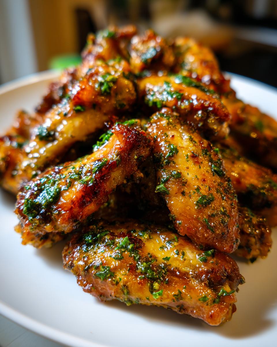 Close-up of a pile of golden brown, crispy chicken wings coated in a shiny glaze and sprinkled with fresh green herbs.