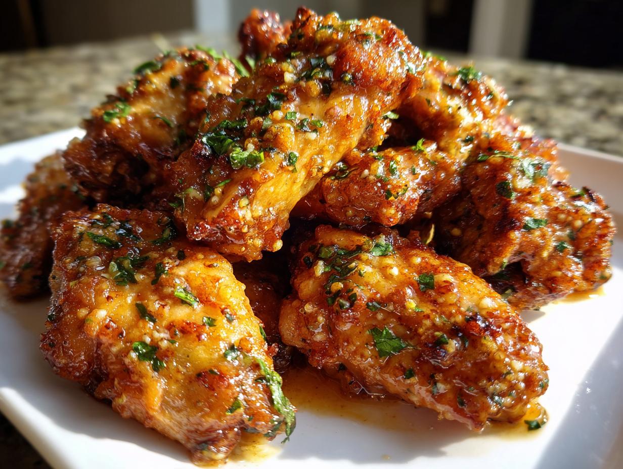 A close-up of crispy, glazed chicken wings tossed in a savory sauce and topped with fresh parsley.