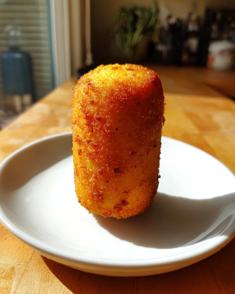 A single, perfectly golden, crispy corn dog standing upright on a small white plate.