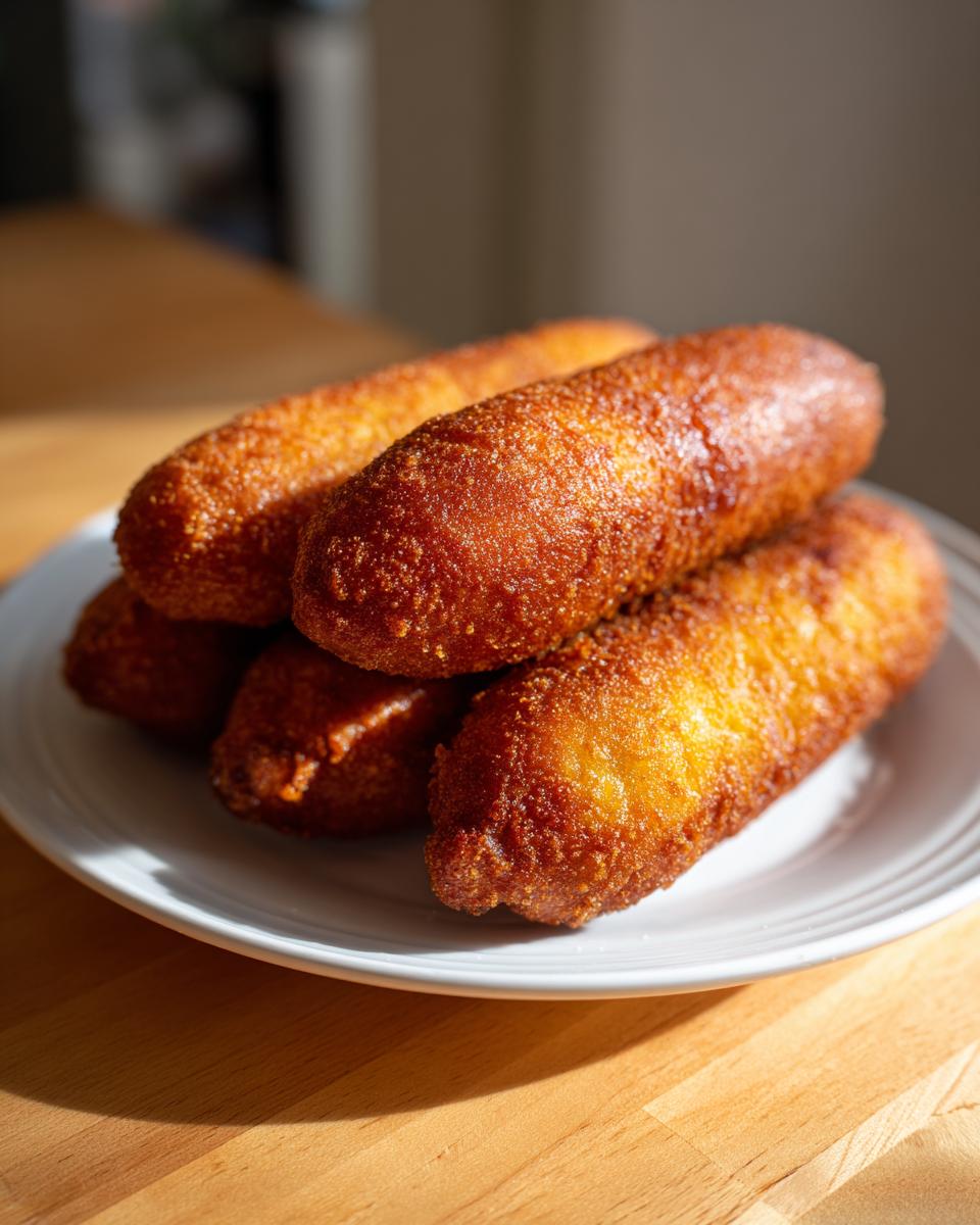 A stack of freshly fried, golden brown, crispy corn dogs resting on a white plate under warm light.