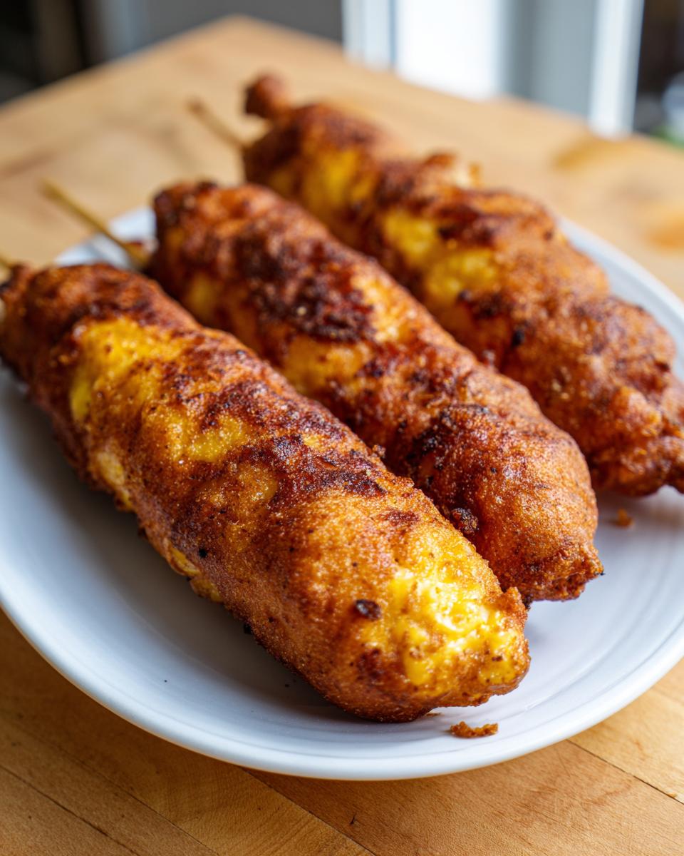 Close-up of three golden-brown, crispy corn dogs on sticks resting on a white plate.