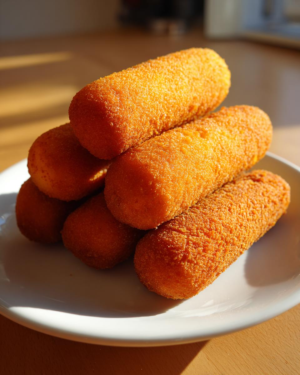 A stack of six perfectly golden brown, crispy corn dogs resting on a white plate, catching warm sunlight.