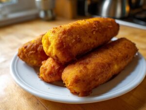 A stack of four freshly fried, crispy golden corn dogs resting on a white plate.
