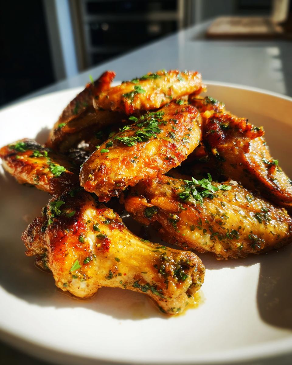 A plate piled high with golden brown, crispy chicken wings coated in a savory glaze and topped with fresh parsley.
