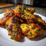 Close-up of several golden brown, crispy chicken wings coated in a glossy sauce and sprinkled with fresh parsley.