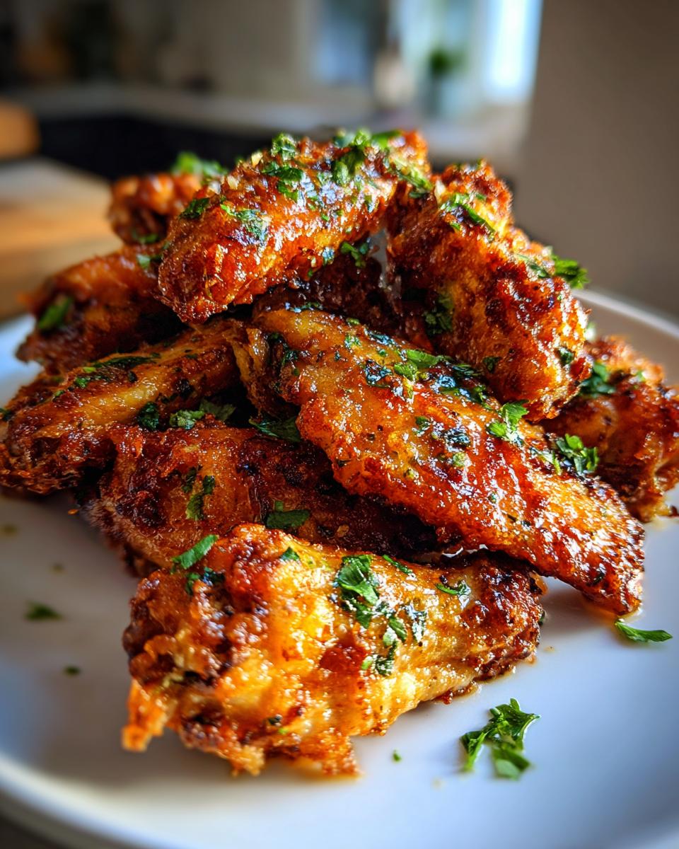 Close-up of a pile of incredibly crispy, glazed chicken wings topped with fresh chopped parsley.