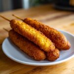 A close-up of four golden brown, crispy corn dogs stacked on a white plate, ready to eat.