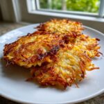 Close-up of three perfectly golden and crispy Latkes stacked slightly on a white plate.