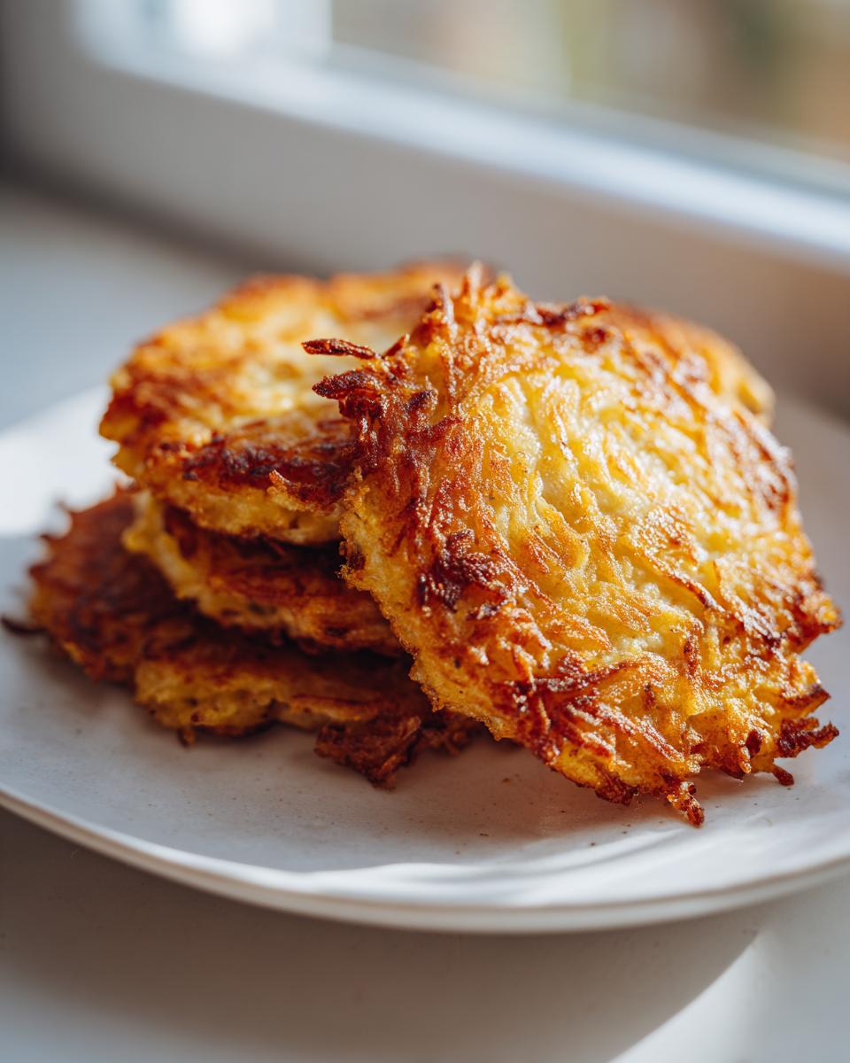 A stack of perfectly golden brown, crispy Latkes resting on a white plate near a bright window.