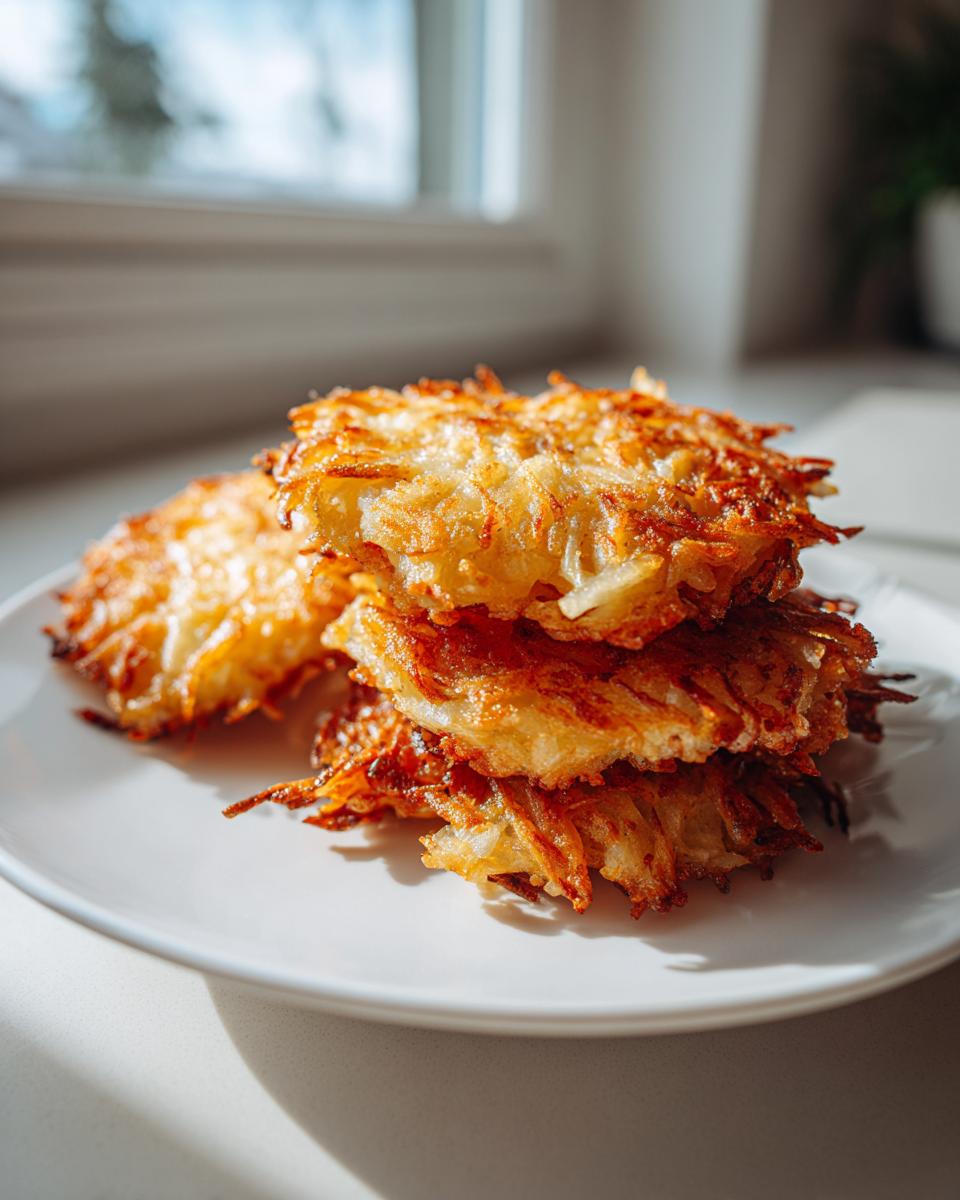A stack of three perfectly golden brown and crispy Latkes made from shredded potatoes, sitting on a white plate.