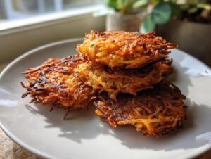 A stack of four perfectly crispy, golden brown Latkes piled on a white plate near a sunny window.