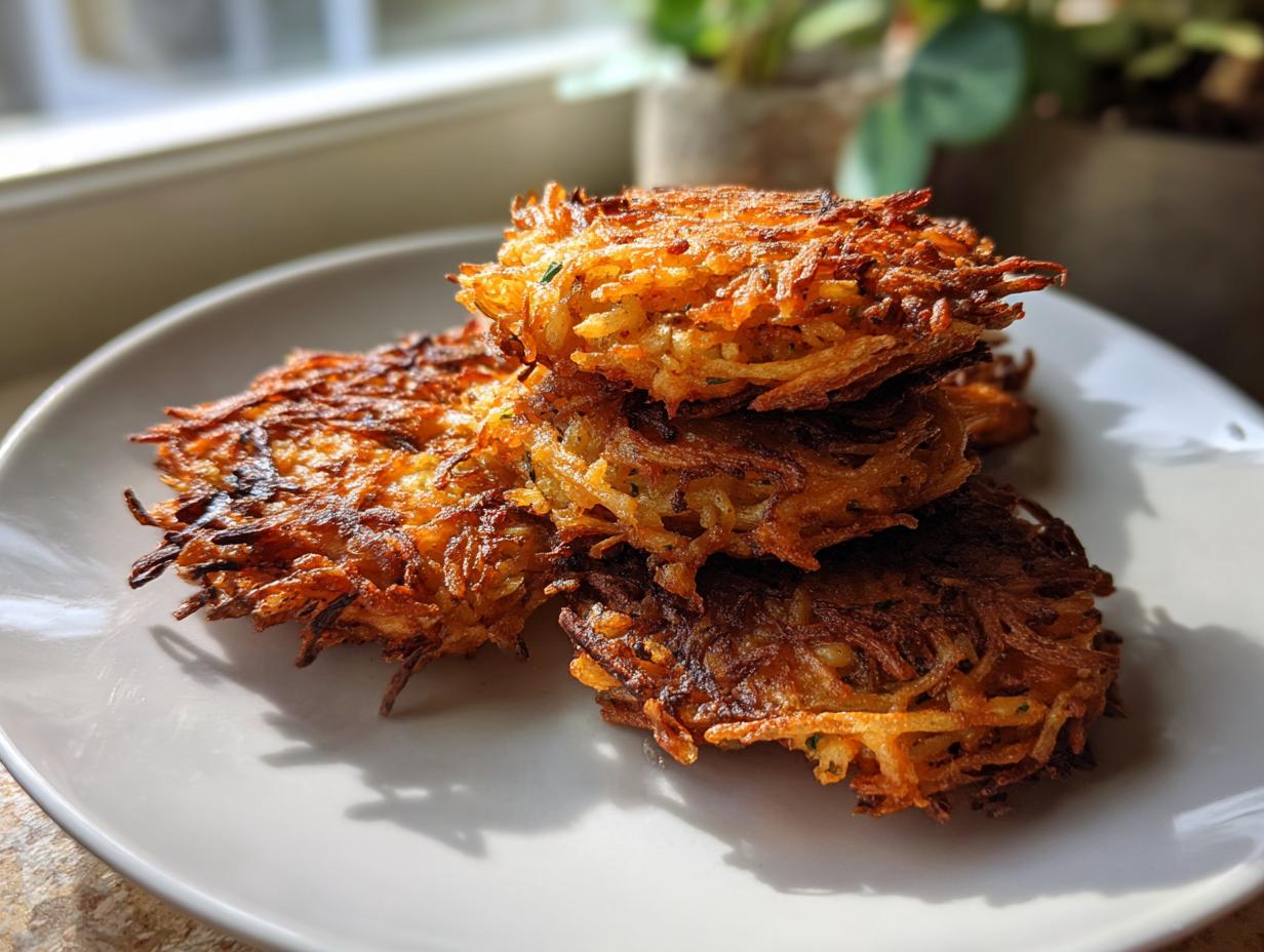 A stack of four perfectly crispy, golden brown Latkes piled on a white plate near a sunny window.